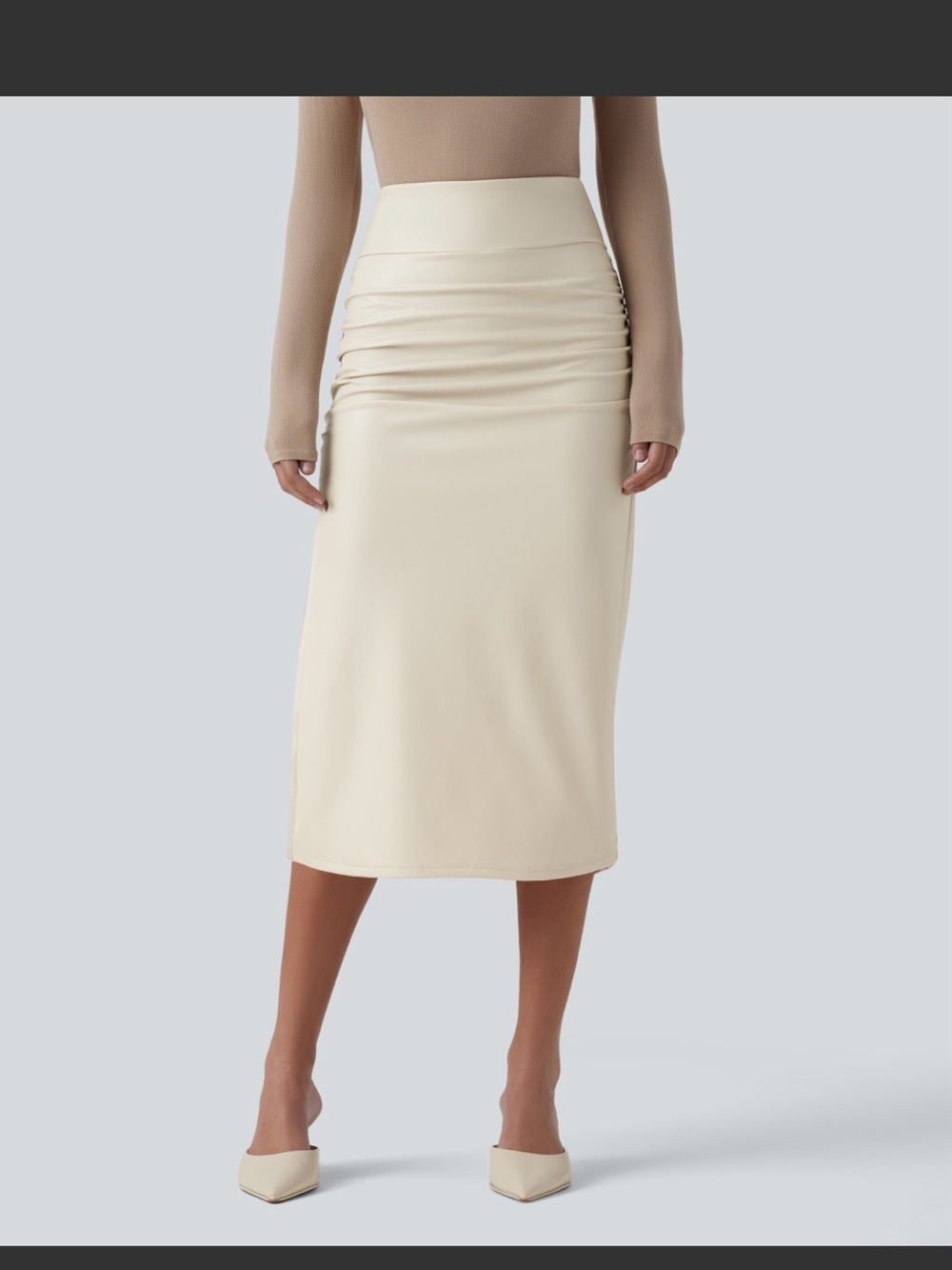 HALARA Cream Ruched Midi Skirt